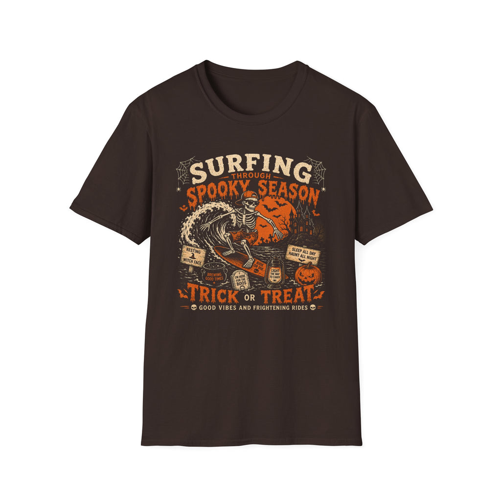 Surfing Through Spooky Season, Vintage Skeleton Halloween Surf Tee
