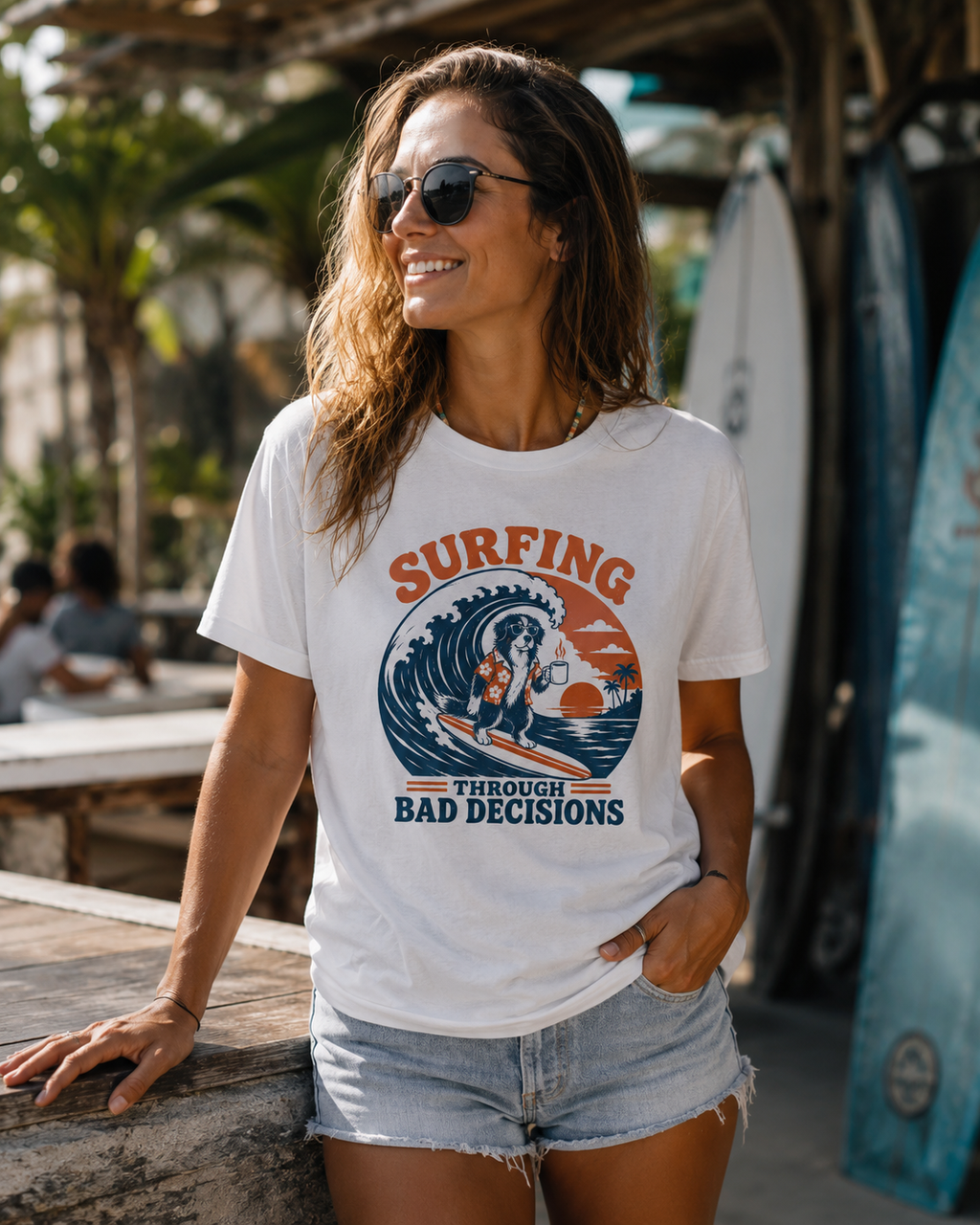 Surfing through bad decisions dog T-shirt