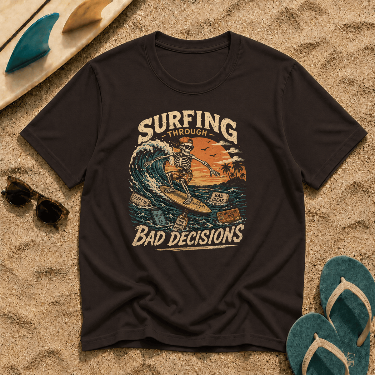 Surfing Through Bad Decisions – Vintage Skeleton Surf Graphic Tee