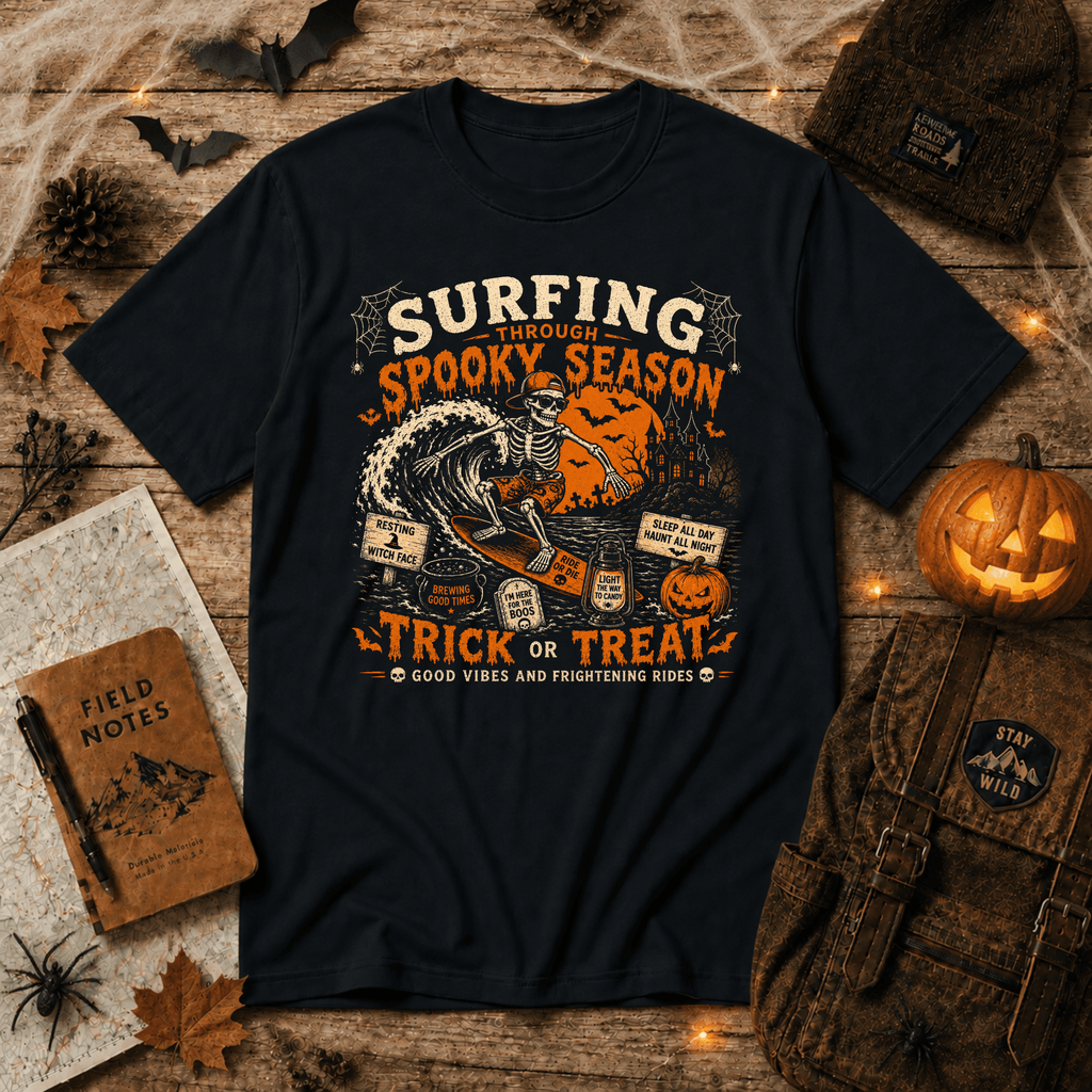 Surfing Through Spooky Season, Vintage Skeleton Halloween Surf Tee