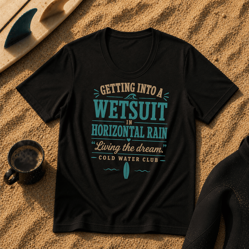 Getting into a wetsuit in horizontal rain, cold water surf T-Shirt